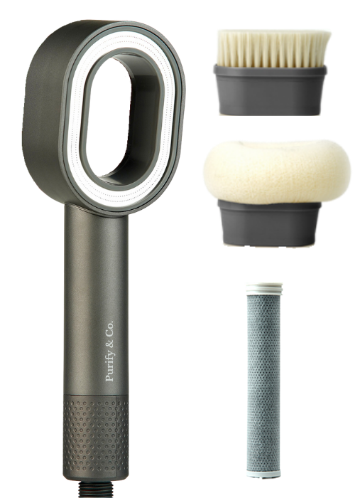 Hair dryer with three different brush attachments.