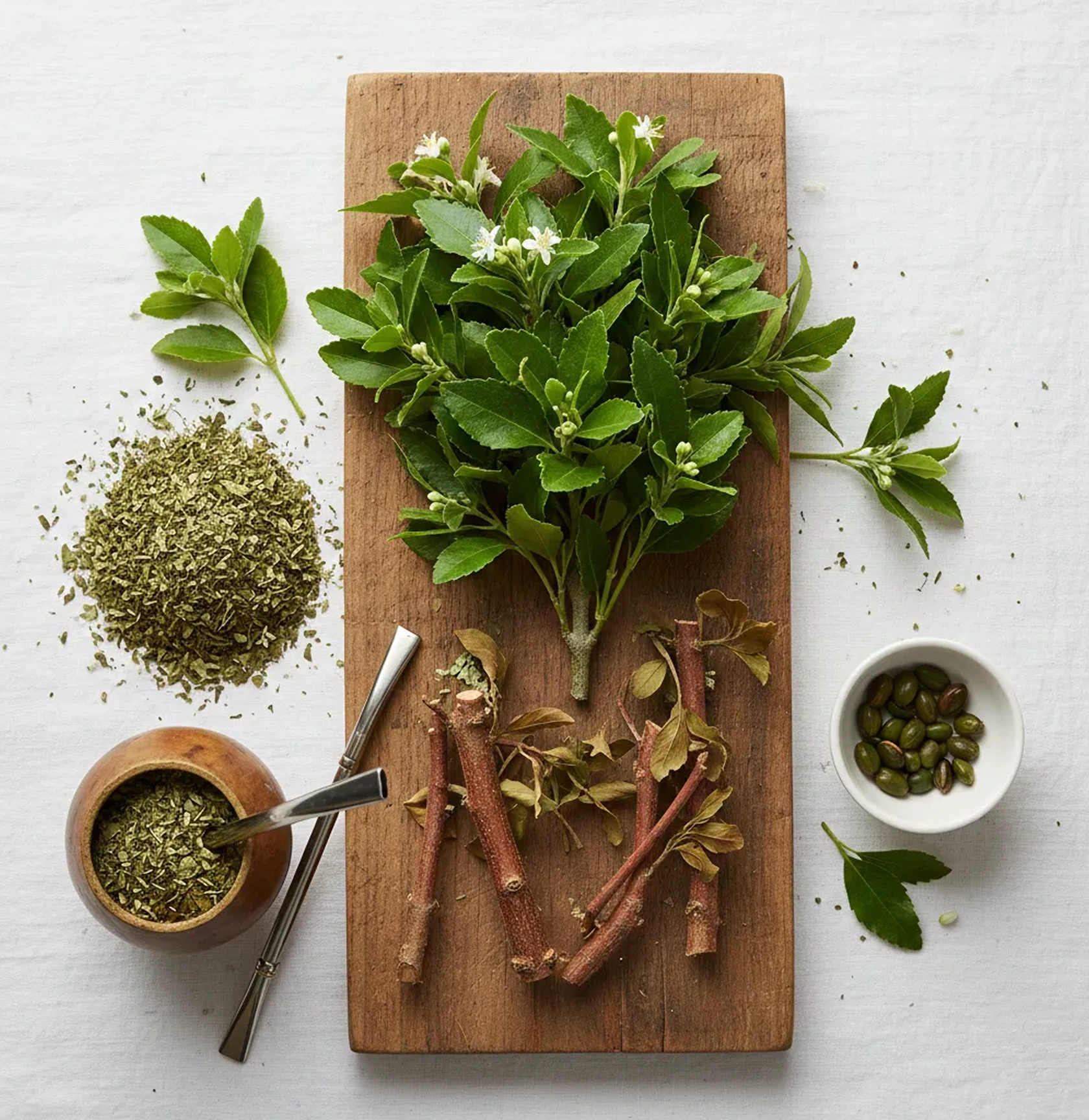 Wooden board with fresh leaves, branches, dried herbs, and seeds.