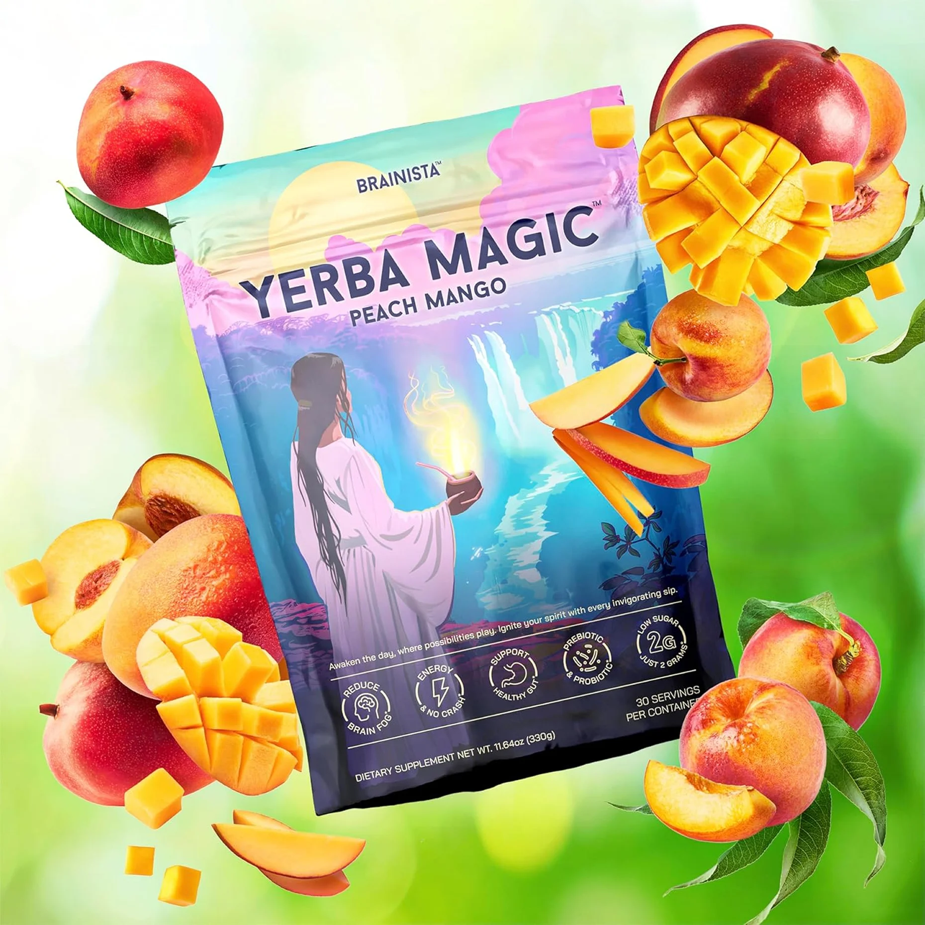 A package of Yerba Magic Peach Mango surrounded by peach and mango slices.