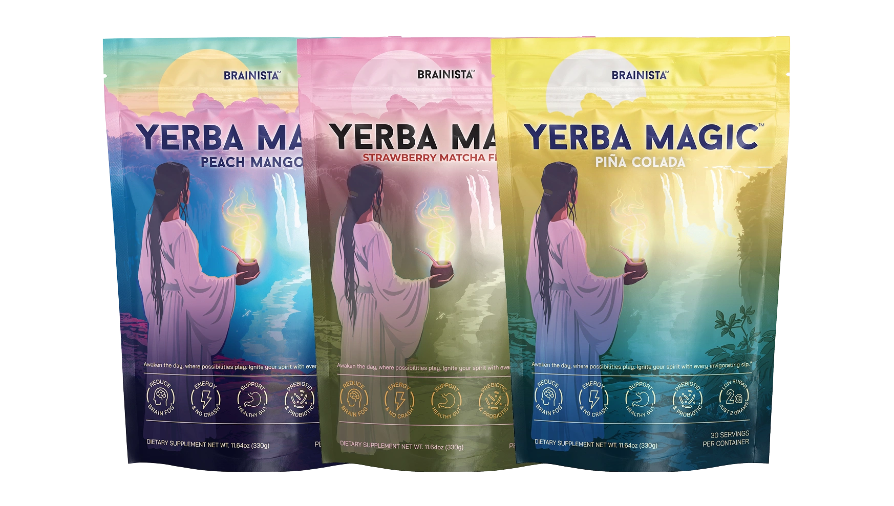 Three colorful Yerba Magic drink packages with mystical illustrations.