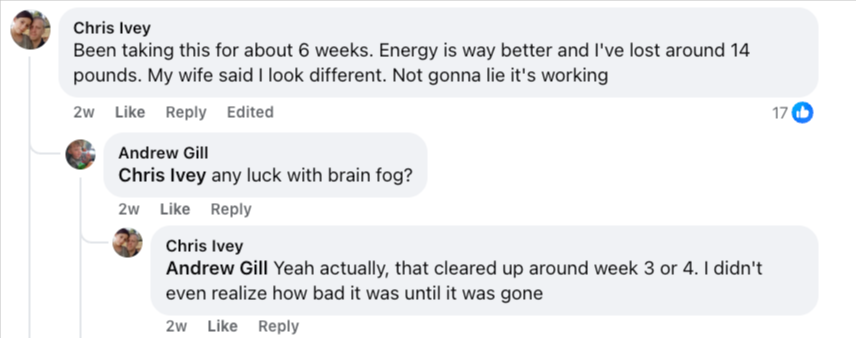 Facebook comments discussing weight loss and improved energy over six weeks.