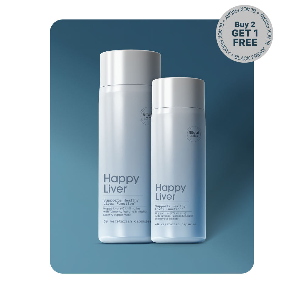 Two bottles labeled 'Happy Liver' on a gradient blue background with a Black Friday offer sticker.