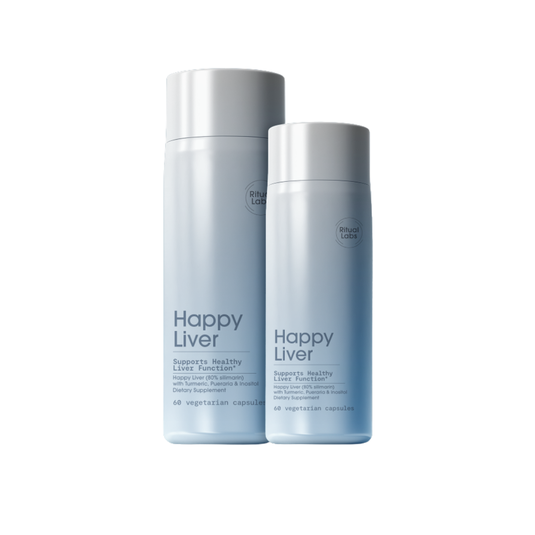 Two bottles labeled 'Happy Liver' dietary supplement.