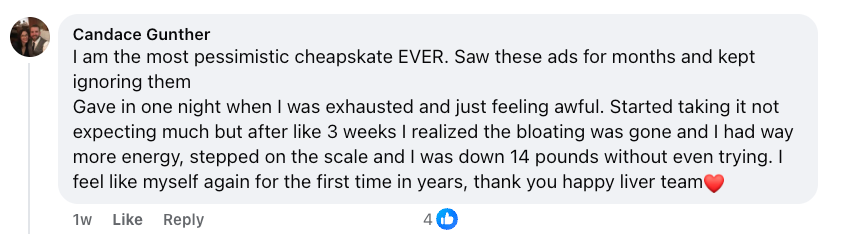 Text comment with testimonial about health improvement and weight loss.