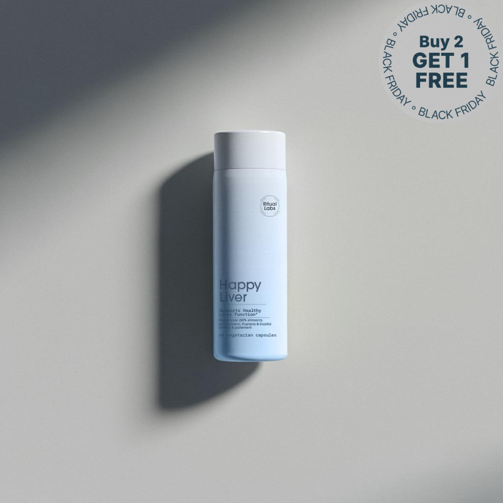 A bottle labeled 'Happy Liver' with a Black Friday offer sticker.