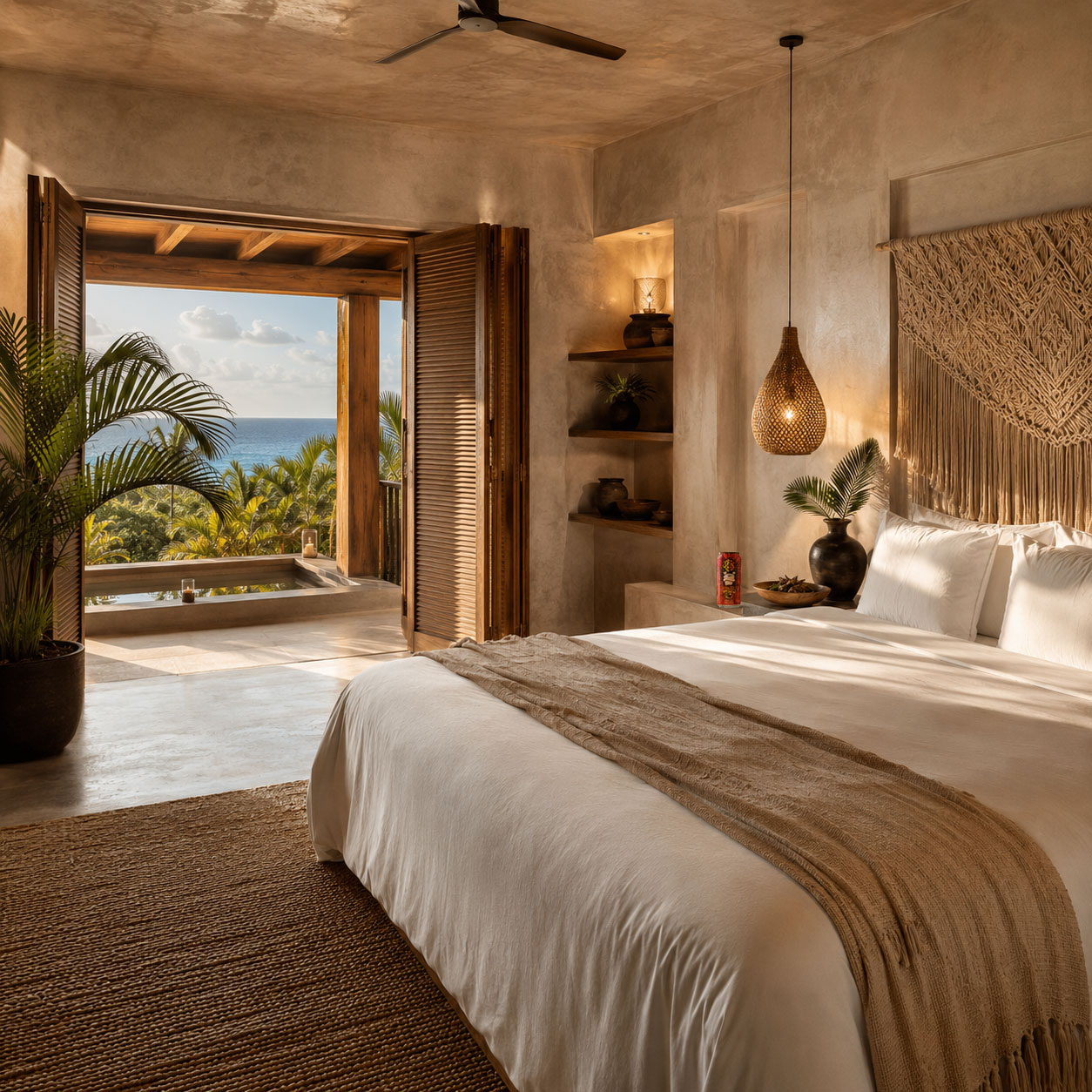A rustic bedroom with a large open doorway leading to a balcony with a plunge pool overlooking the ocean.