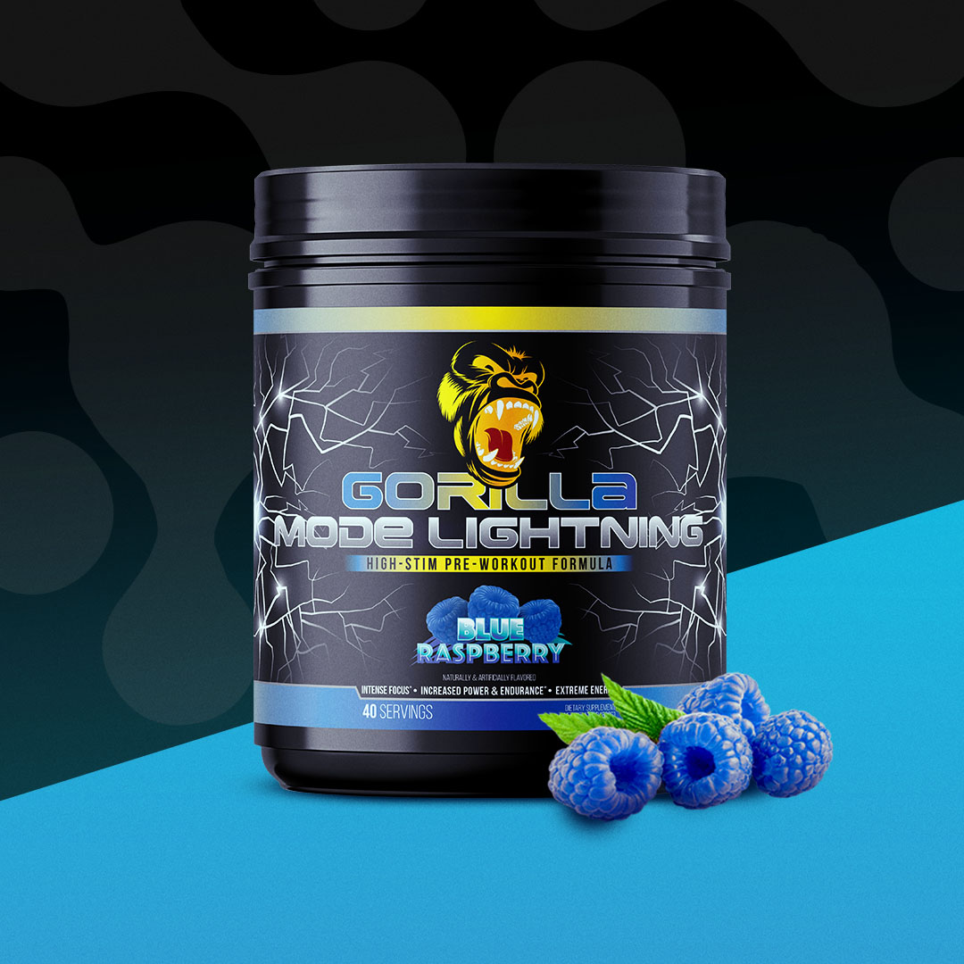 Container of pre-workout supplement with blue raspberries and lightning design.