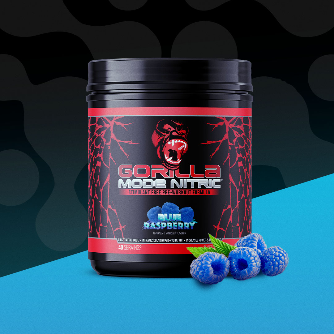 Gorilla Mode Nitric blue raspberry pre-workout container with raspberries on a dark and blue background.