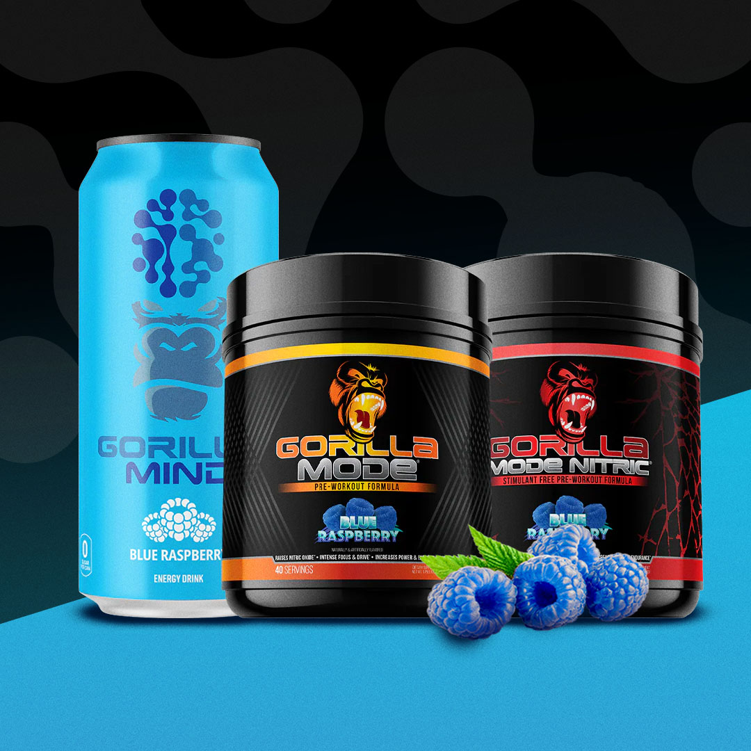 Three dietary supplement containers with blue raspberries on a dark background.