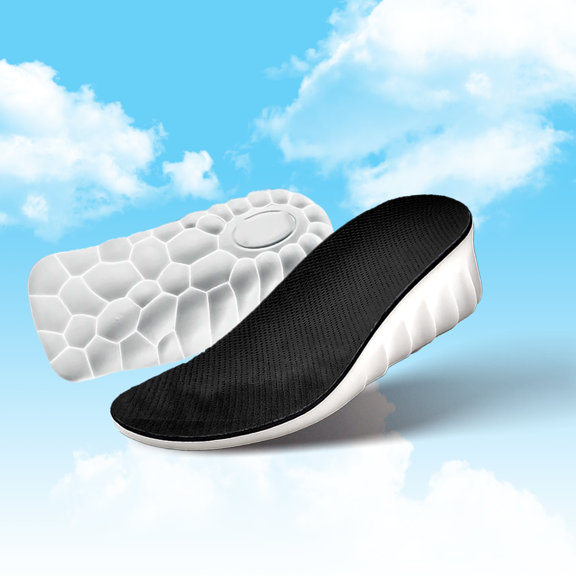 Two shoe insoles with textured white and black surfaces against a blue sky with clouds.