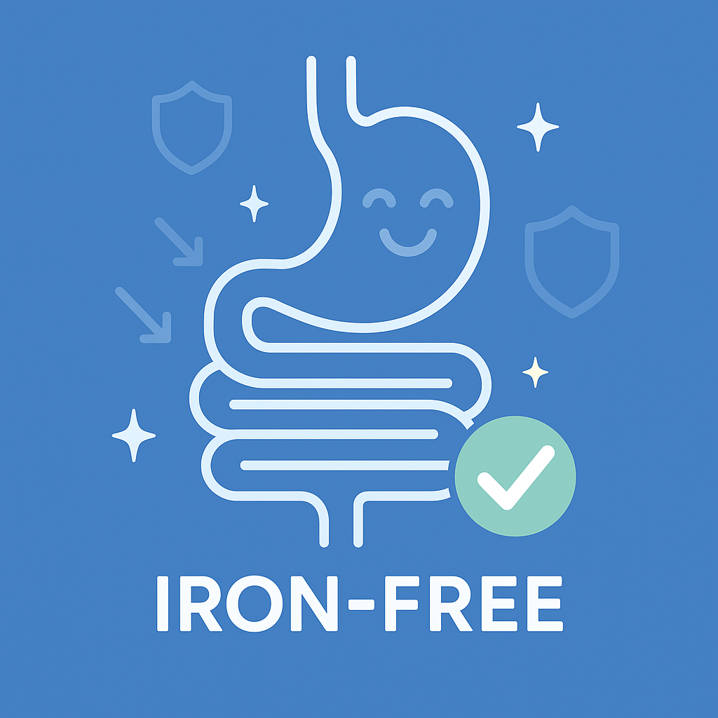 Illustration of a smiling stomach with 'Iron-Free' text and checkmark.