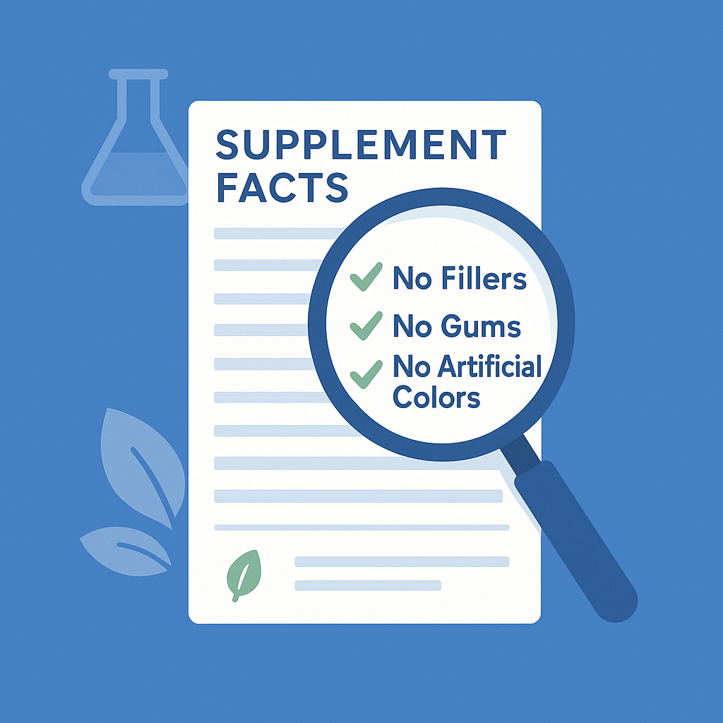 Illustration of supplement facts with a magnifying glass highlighting no fillers, gums, or artificial colors.