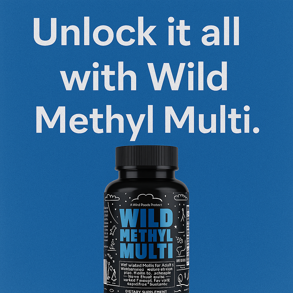 Black supplement bottle with 'Wild Methyl Multi' label on blue background.
