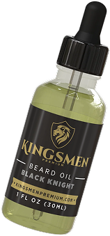 Bottle of Kingsmen Premium Black Knight beard oil with dropper.