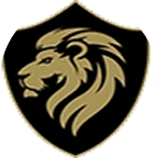 Gold lion head on a black shield emblem.