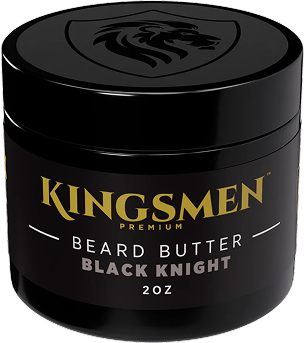 Black jar labeled 'Kingsmen Premium Beard Butter Black Knight 2oz' with a lion logo.
