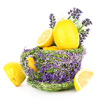 Basket of lemons and lavender flowers.