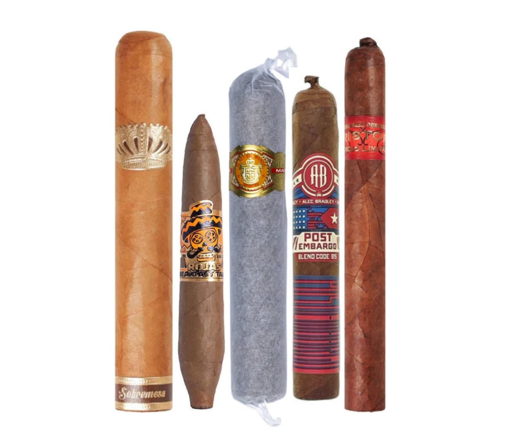 Five cigars with different bands and colors displayed vertically.