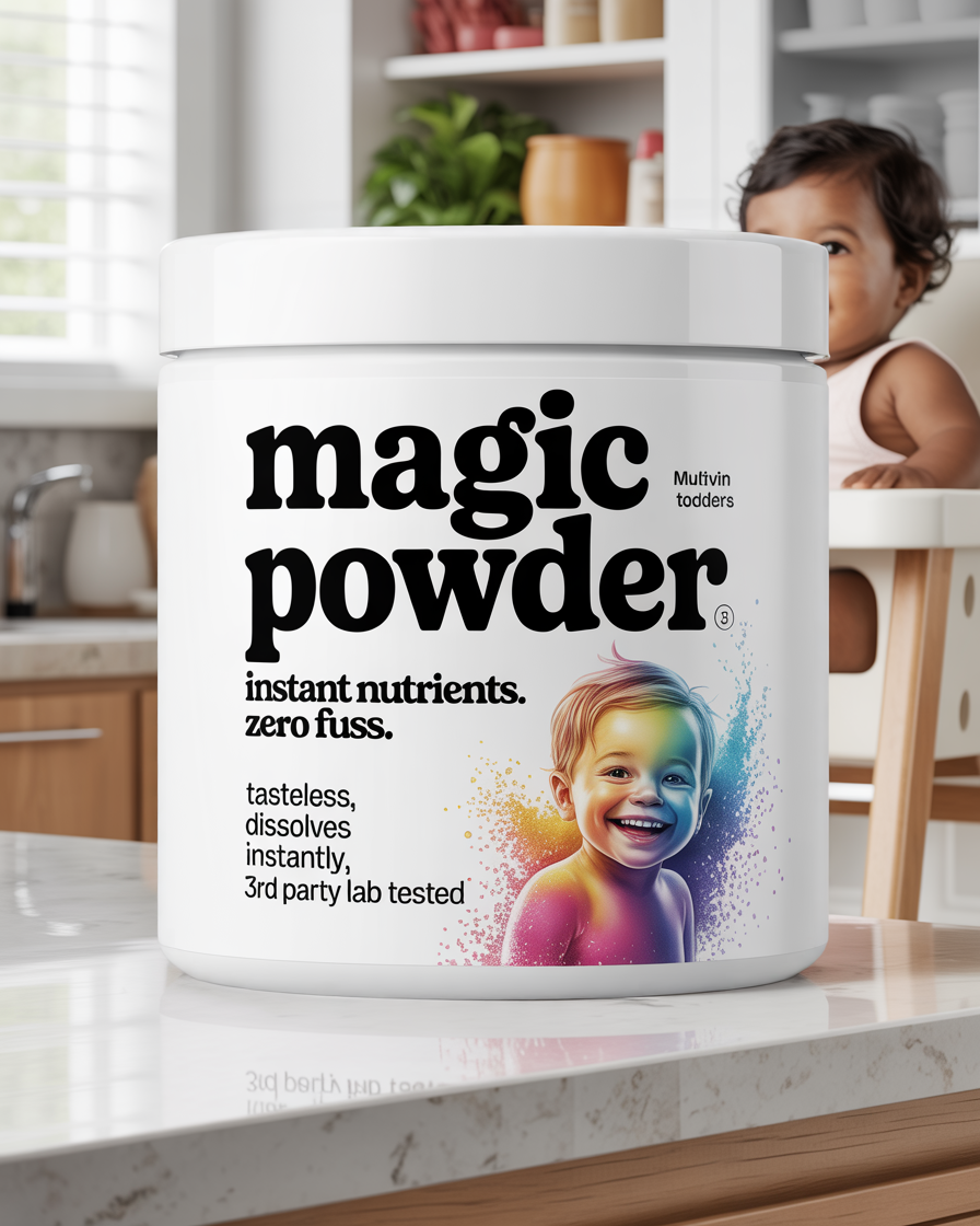 Container labeled 'magic powder' on a kitchen counter with a child in the background.
