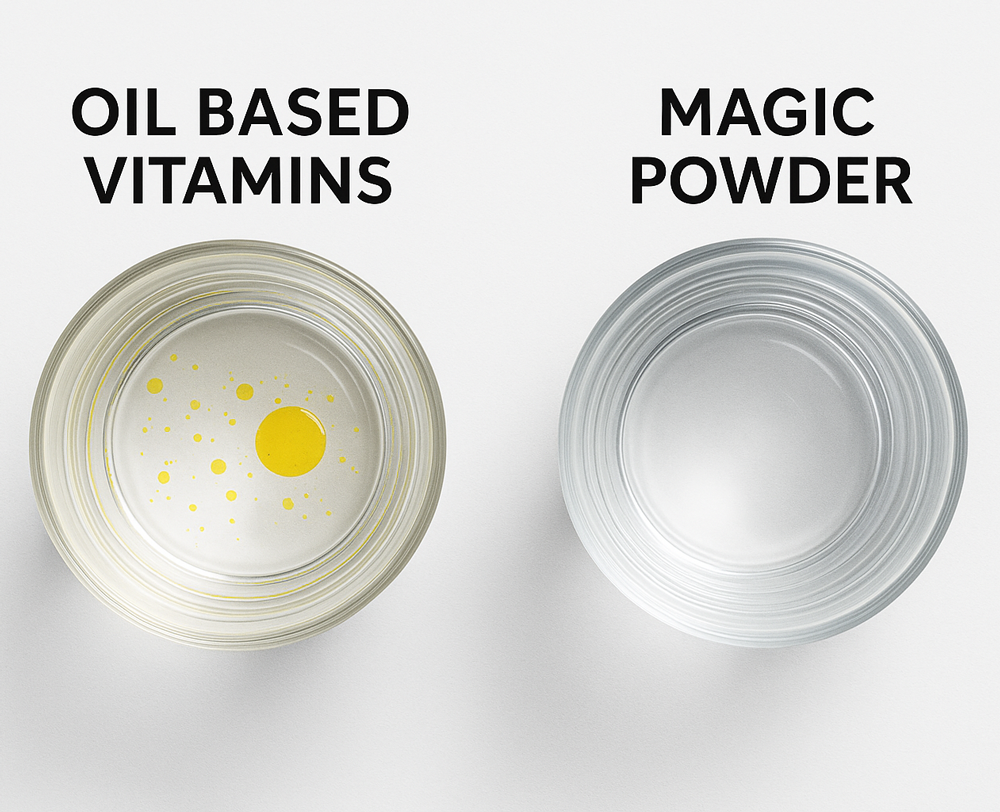 Two glass bowls labeled 'Oil Based Vitamins' and 'Magic Powder' on a white background.