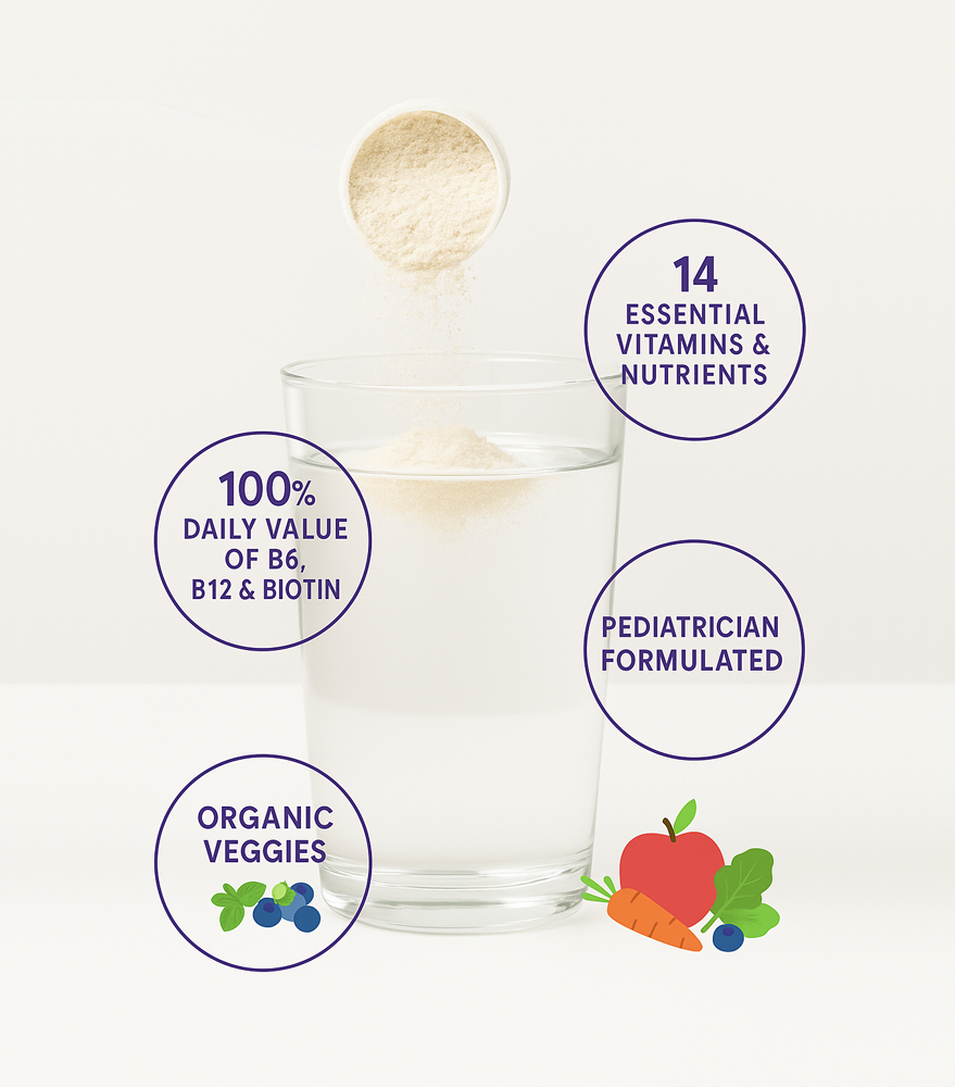 Glass of water with powder, nutrition benefits, and organic veggies illustration.