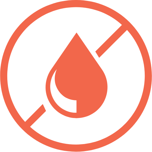 Red droplet icon with a diagonal line through it, inside a circle.