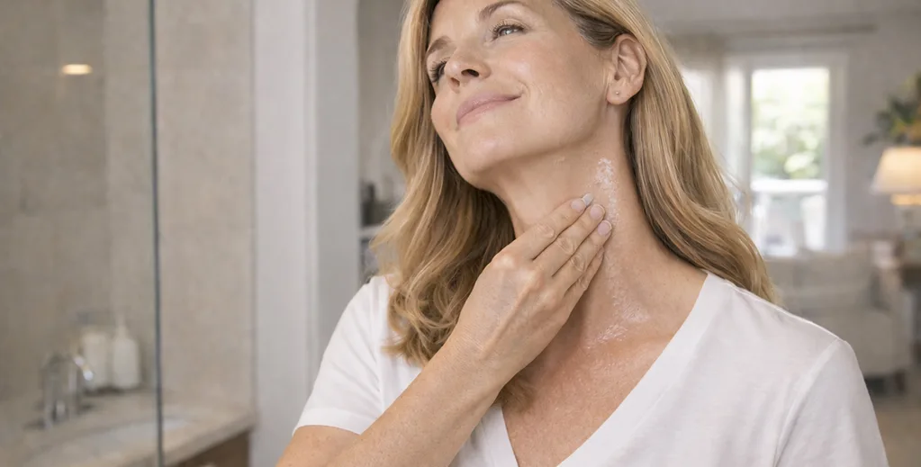 A smiling woman in a white t-shirt applies cream to her neck in front of a mirror.