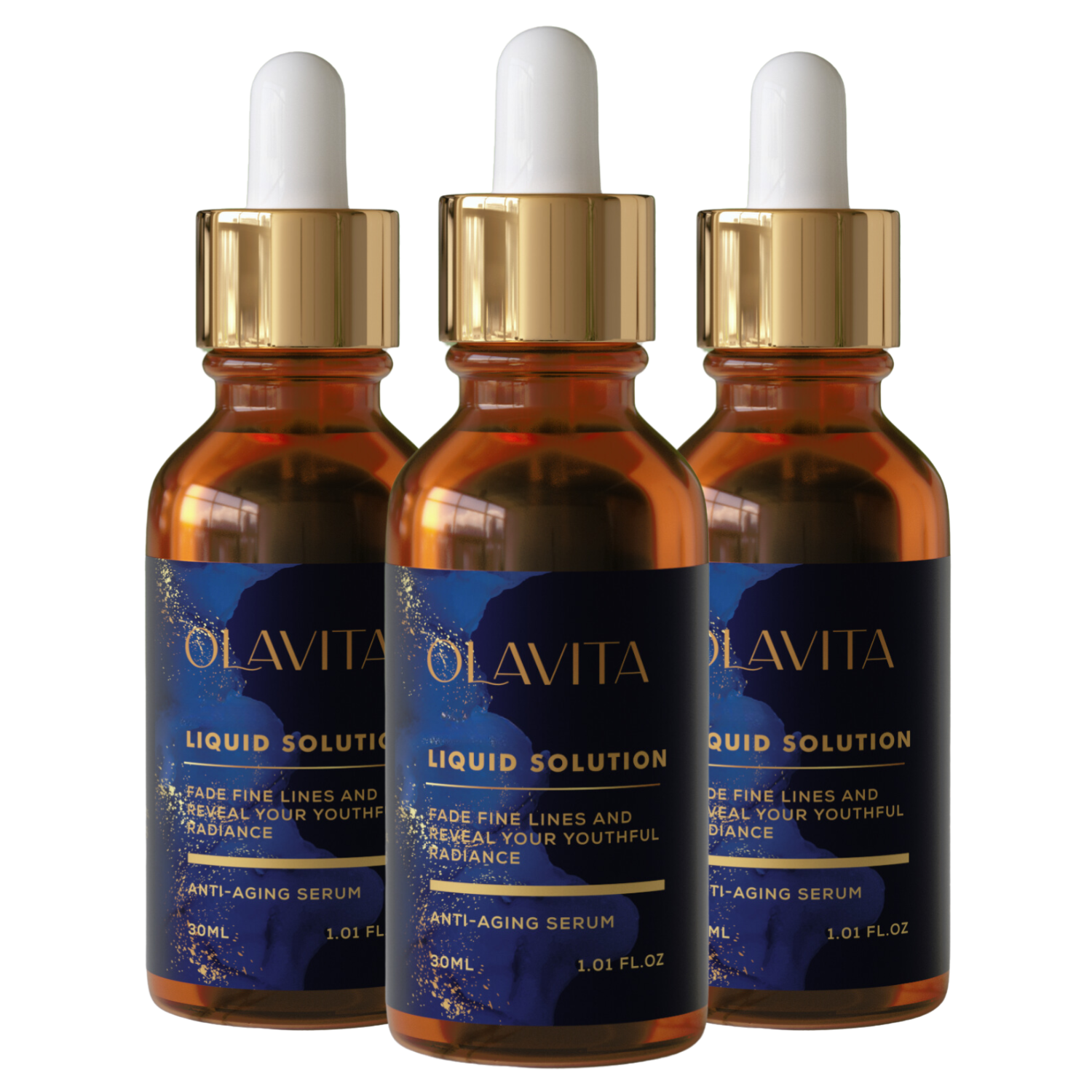 Three bottles of Olavita anti-aging serum with gold caps.