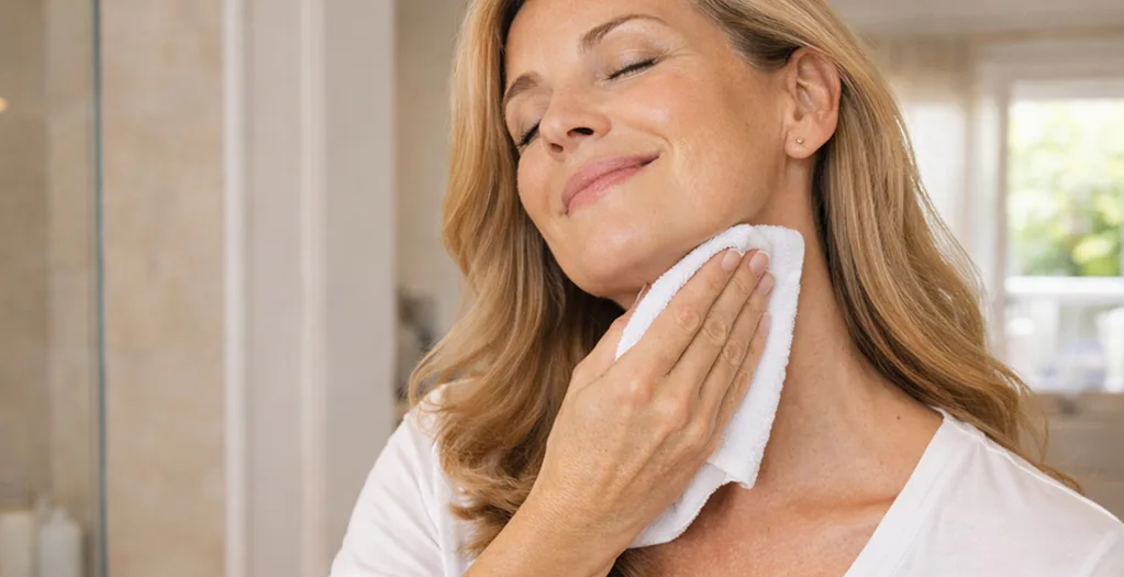 A smiling woman with her eyes closed dabs her neck with a white cloth in a bathroom.