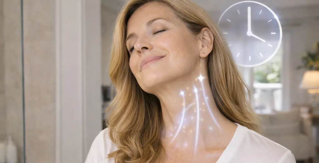 A smiling woman with glowing light effects on her neck and a clock graphic in the background.