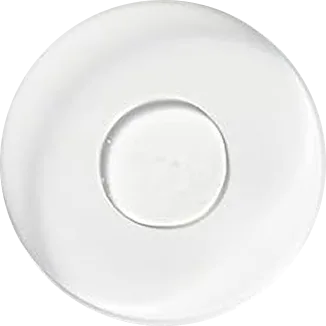 A top-down view of a plain white saucer with a circular indent in the center.