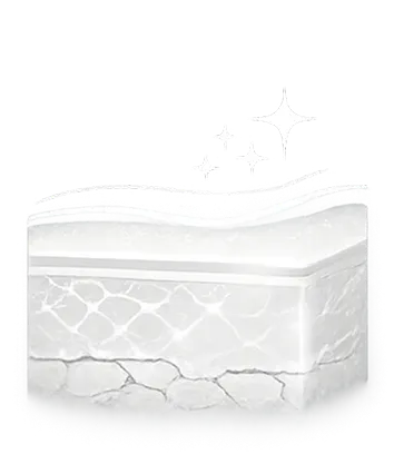 A stylized, white illustration of a cross-section of skin layers with sparkles on top.