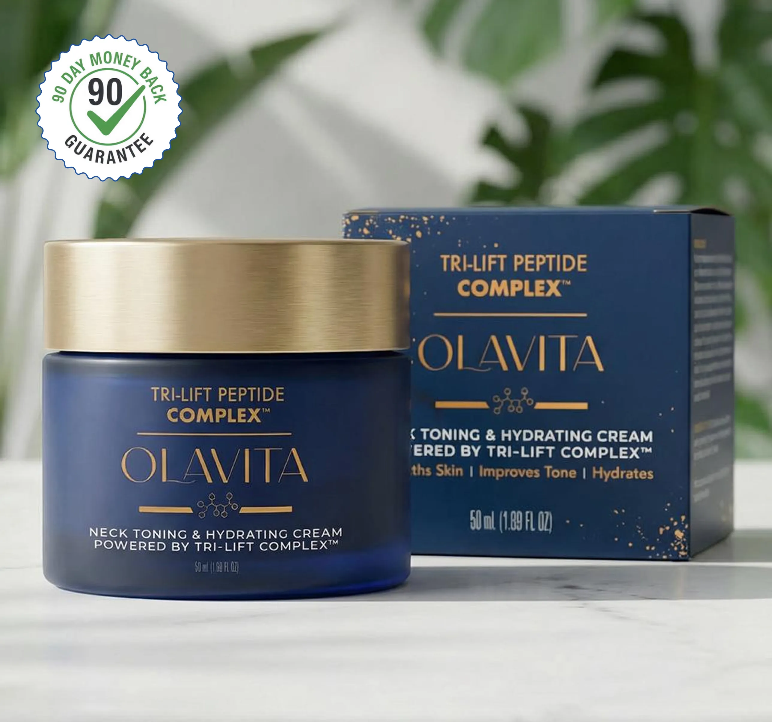 A blue jar and box of Olavita Tri-Lift Peptide Complex cream, with a money-back guarantee seal.