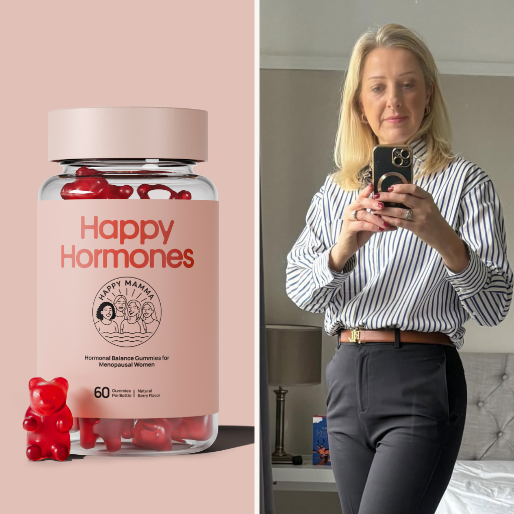 Split image: gummy supplement bottle and woman taking a mirror selfie.