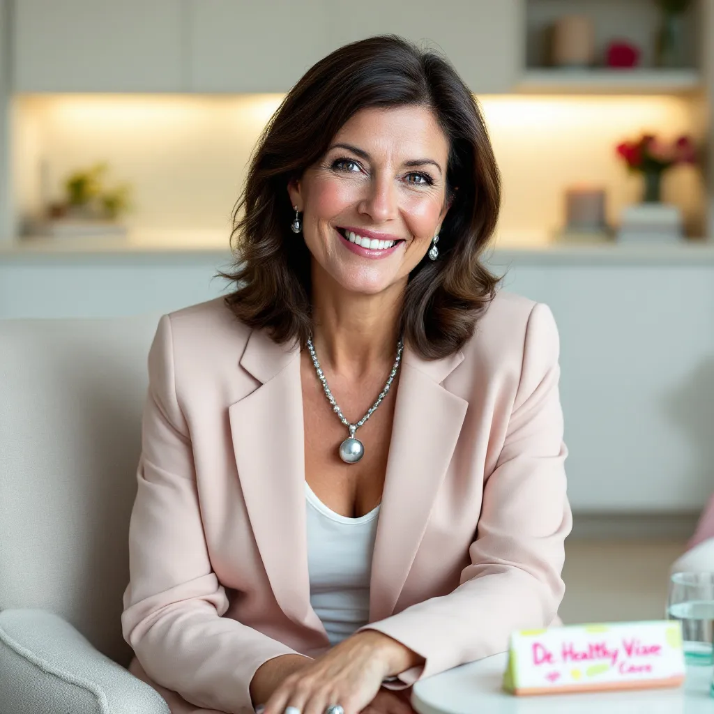 Smiling woman in a light pink blazer sitting in a modern, well-lit room.