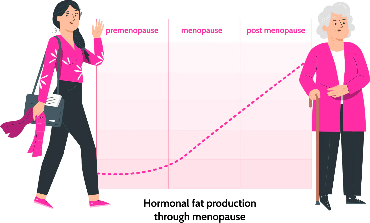 Illustration of hormonal fat production through menopause stages with two women.