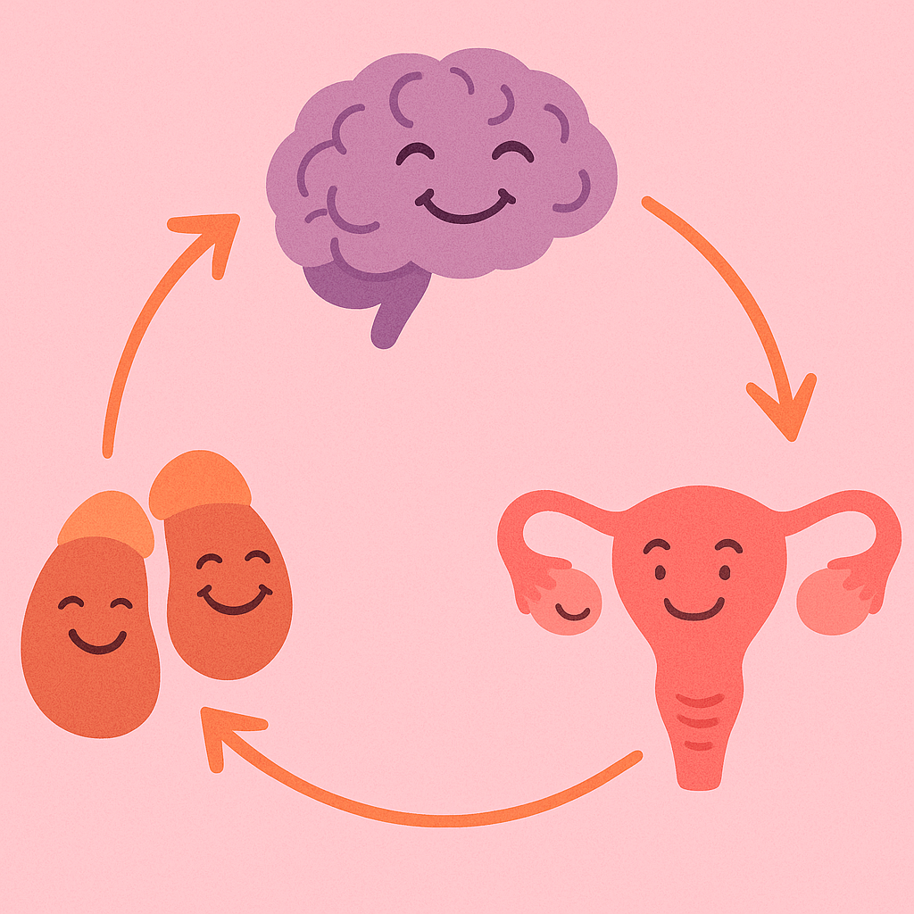 Illustration of smiling brain, adrenal glands, and uterus with arrows forming a cycle.