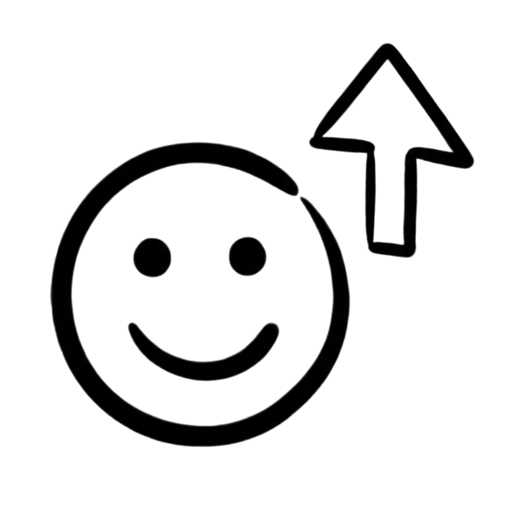 A black line drawing of a smiling face with an upward pointing arrow next to it.