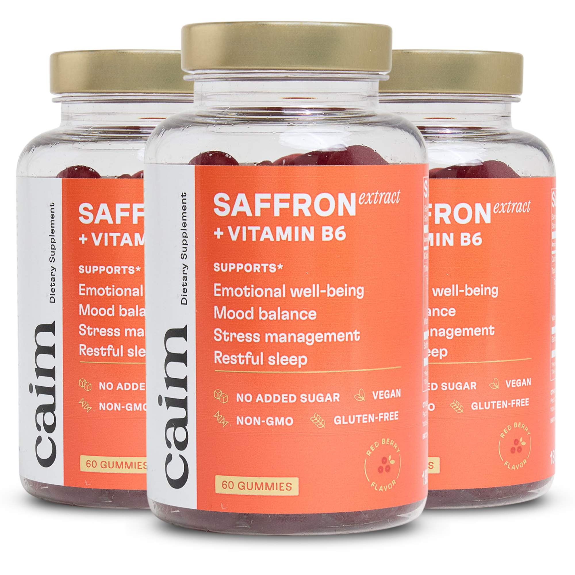 Three bottles of Caim Saffron extract + Vitamin B6 gummies against a white background.