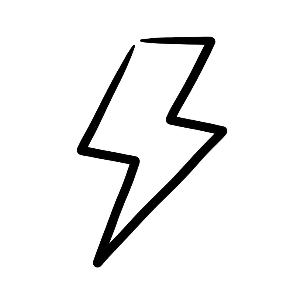 A hand-drawn black outline of a lightning bolt.