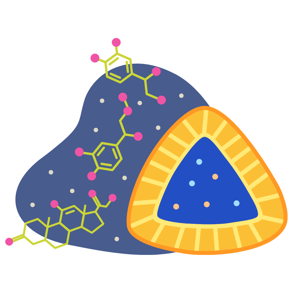A colorful illustration of chemical molecules next to a triangular pastry with a blue filling.