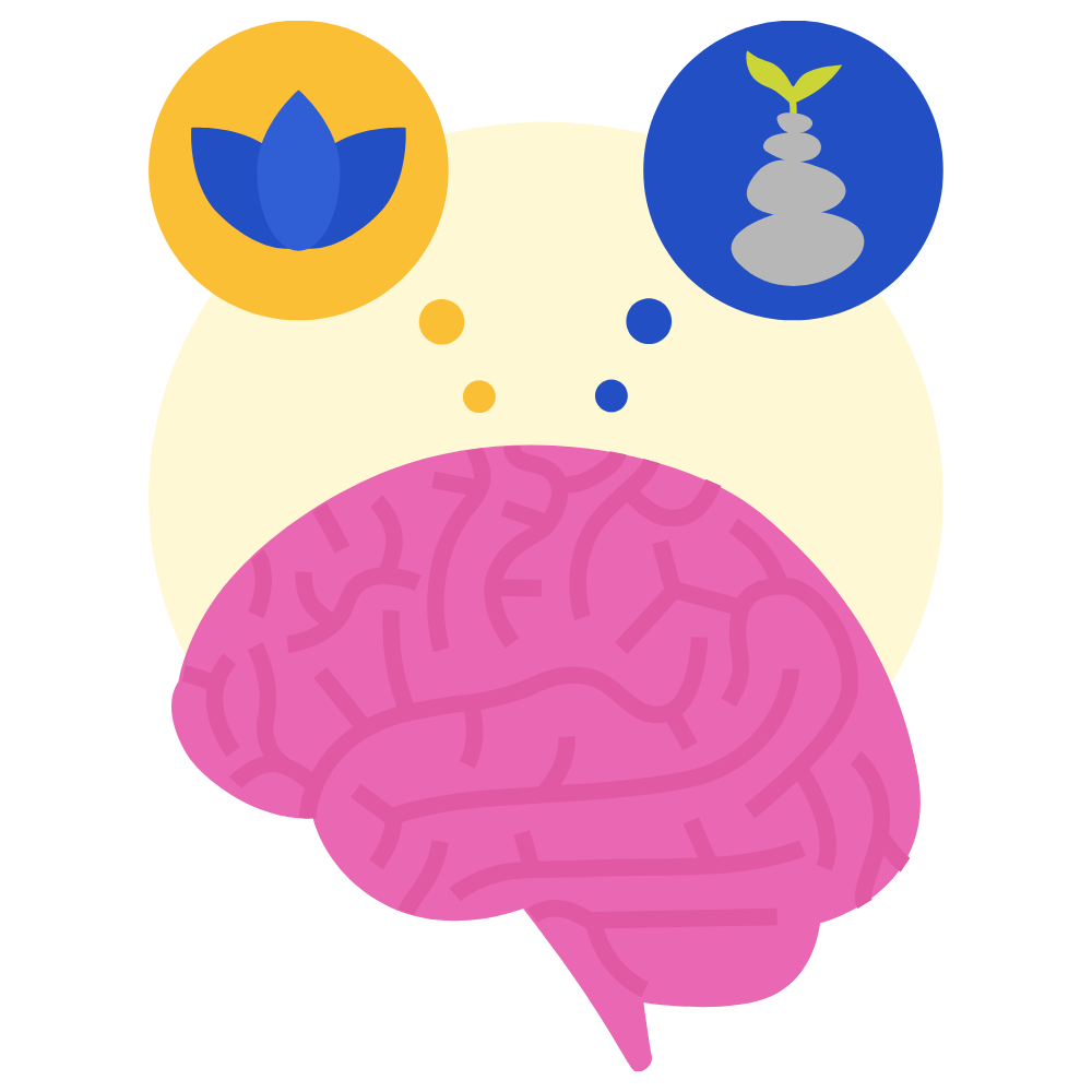 An illustration of a brain with thought bubbles containing a lotus flower and stacked stones.