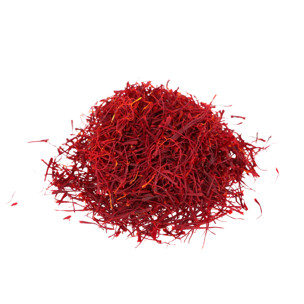 A small pile of bright red saffron threads isolated on a white background.