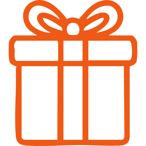 An orange line-drawing icon of a gift-wrapped present with a bow.