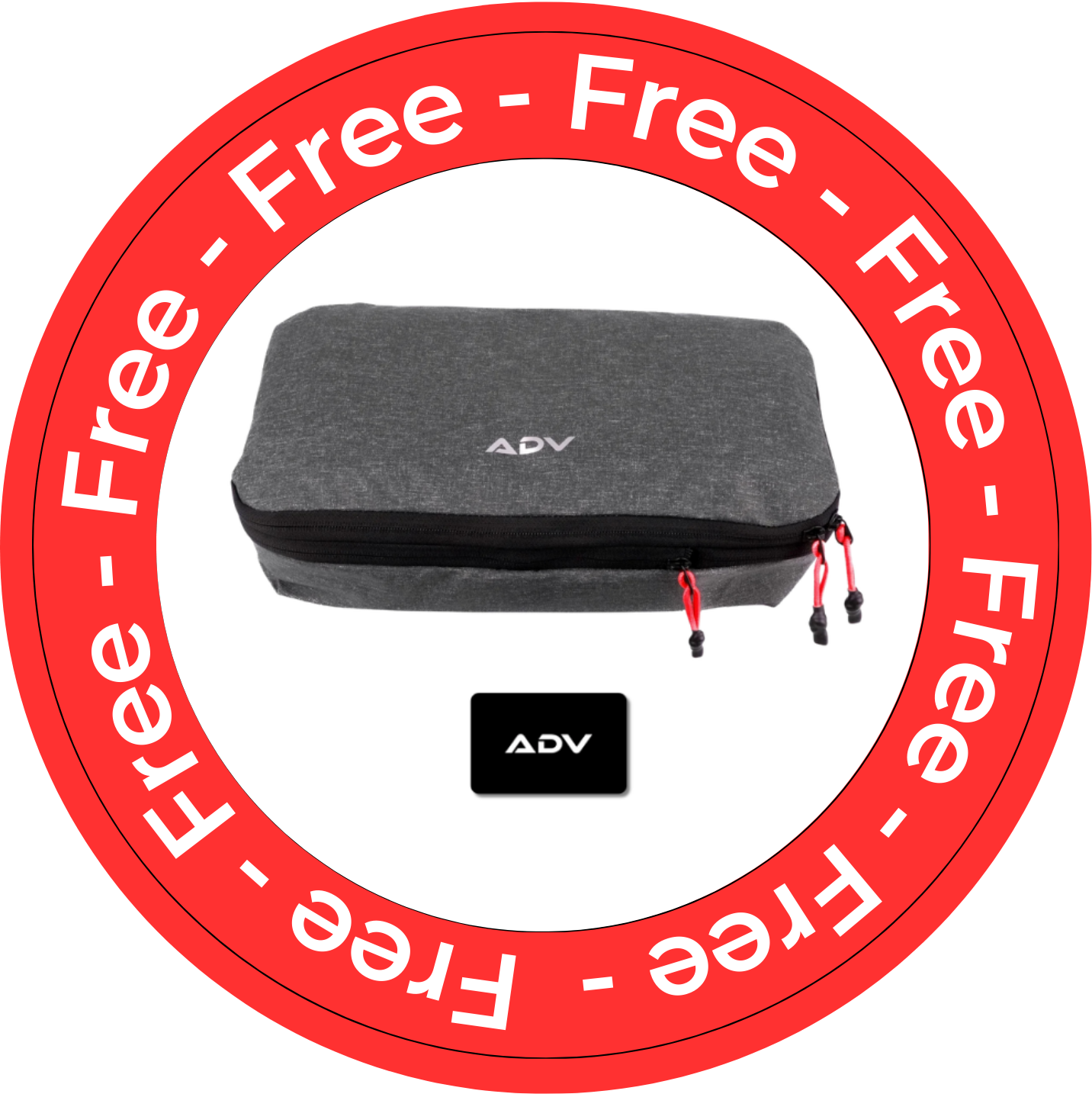 A gray pouch with a zipper, labeled 'ADV', in a 'Free' red circle.