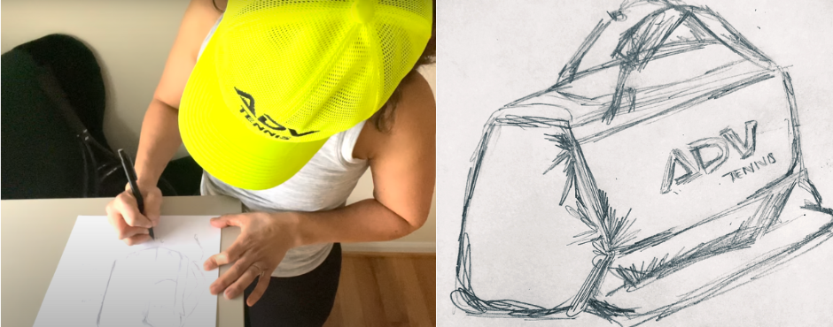 Person in yellow cap drawing a bag sketch labeled 'ADV Tennis.'
