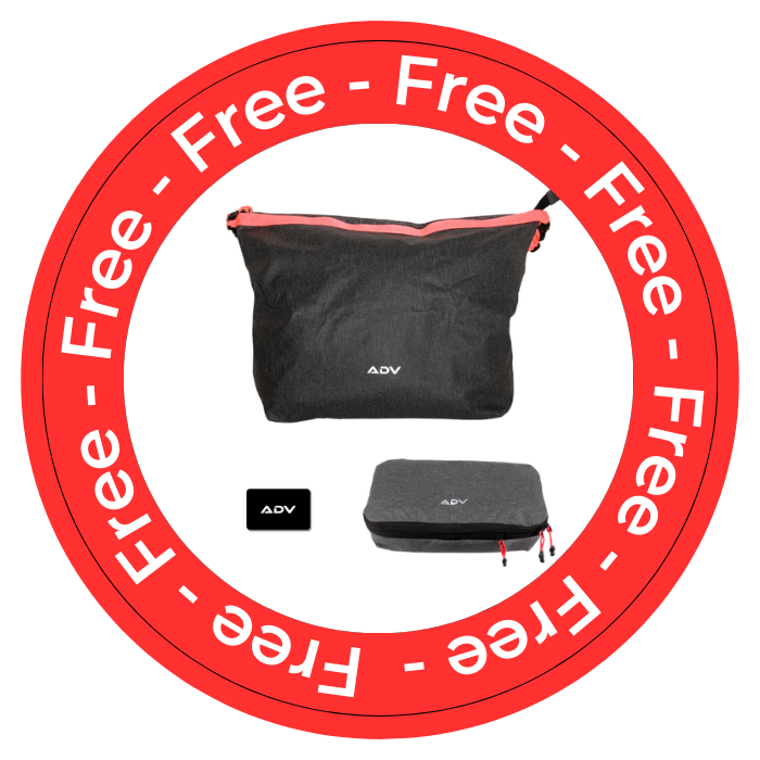 Two gray bags with ADV logo surrounded by a red circle labeled 'Free.'