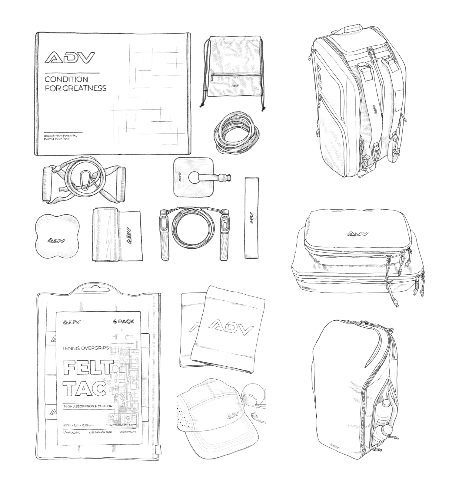 Sketch of various ADV branded travel and sports gear items.