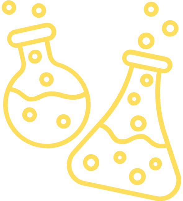 Yellow outline of two laboratory flasks with bubbles.
