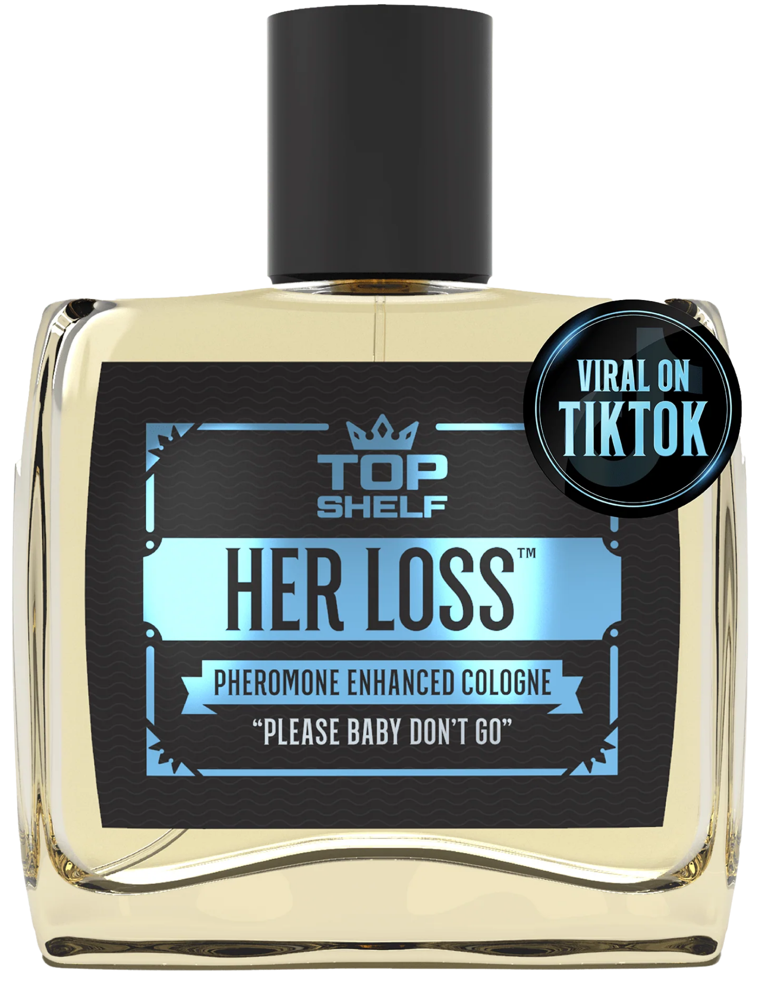 Cologne bottle labeled 'Her Loss' with 'Viral on TikTok' badge.